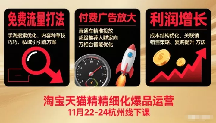 淘宝天猫精细化爆品运营11月22-24杭州线下课，免费流量打法+付费广告放大+利润增长(音频+文档) - 付费阅读