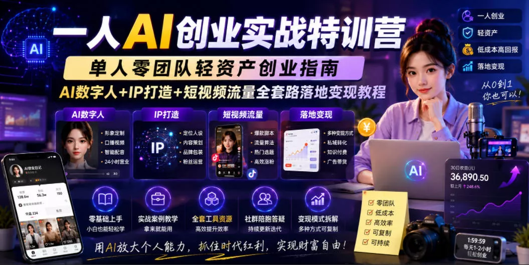 一人AI创业实战特训营，单人零团队轻资产创业指南，AI数字人+IP打造+短视频流量全套路落地变现教程 - 付费阅读