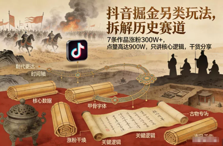 抖音掘金另类玩法，拆解历史赛道，7条作品涨粉300W+，点赞量高达900W，只讲核心逻辑，干货分享 - 付费阅读