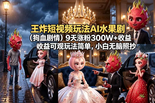 王炸短视频玩法AI水果剧(狗血剧情)9天涨粉300W+收益可观玩法简单，小白无脑照抄，详细拆解玩法 - 付费阅读