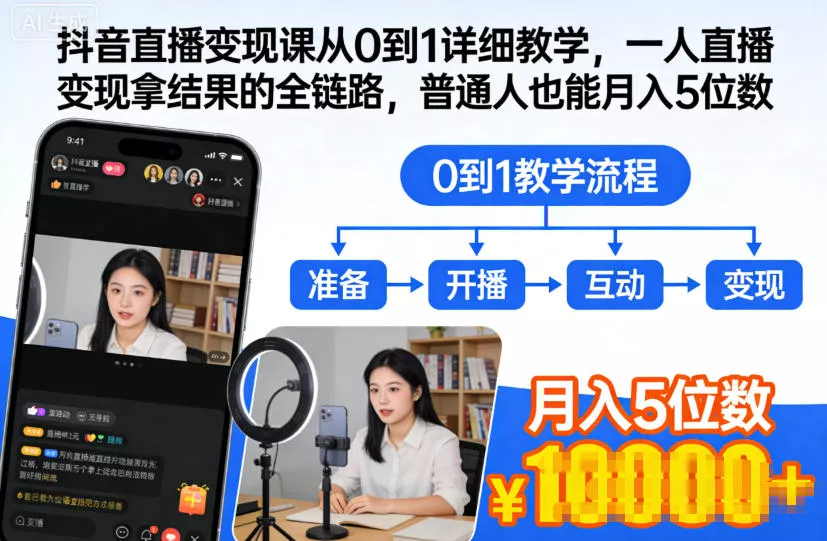 抖音直播变现课从0到1详细教学，一人直播变现拿结果的全链路，普通人也能月入5位数 - 付费阅读