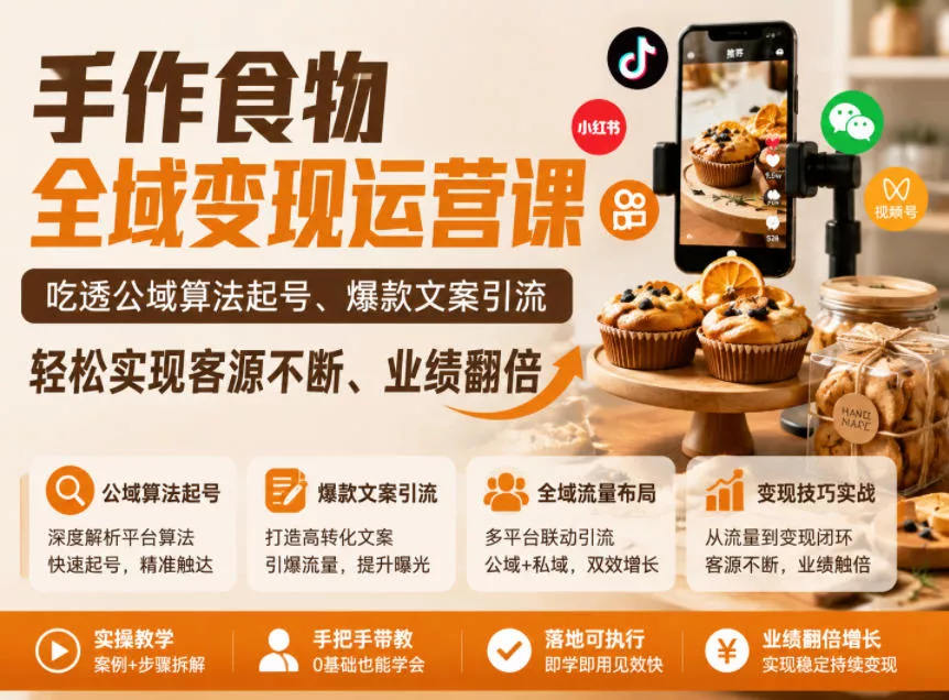 手作食物全域变现运营课，吃透公域算法起号、爆款文案引流，轻松实现客源不断、业绩翻倍 - 付费阅读
