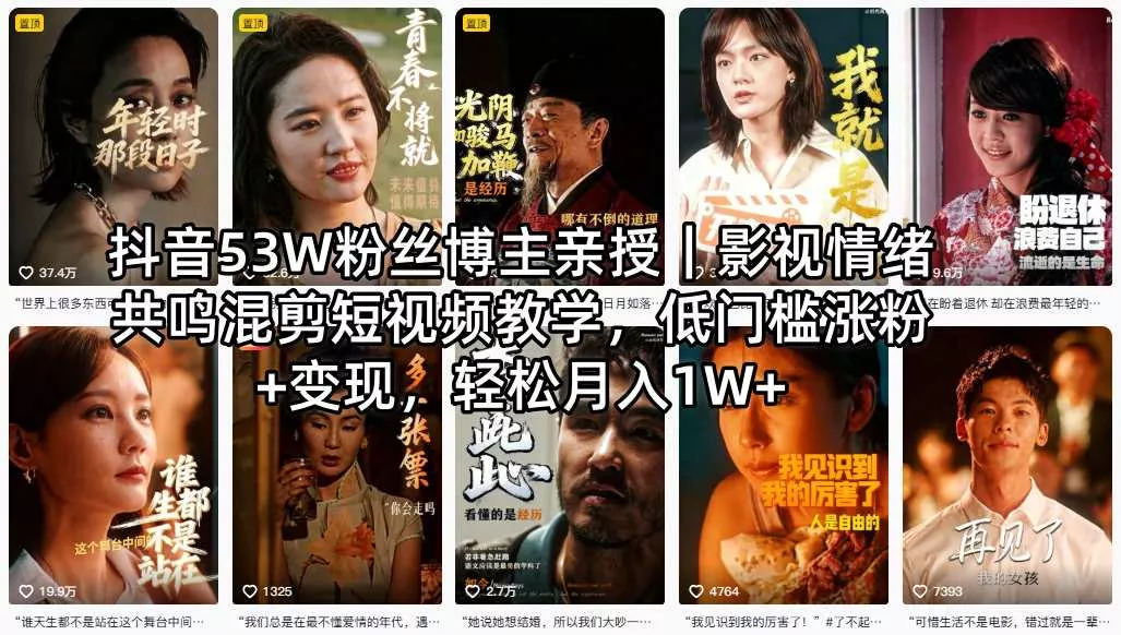 抖音53W粉丝博主亲授｜影视情绪共鸣混剪短视频教学，低门槛涨粉+变现，轻松月入1W+ - 付费阅读