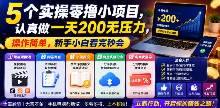5个实操零撸小项目，认真做一天200无压力，操作简单，新手小白看完秒会【揭秘】 - 付费阅读