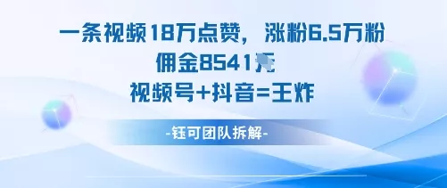 一条视频18W点赞，涨粉6.5W粉佣金8541米，视频号+抖音=王炸 - 付费阅读
