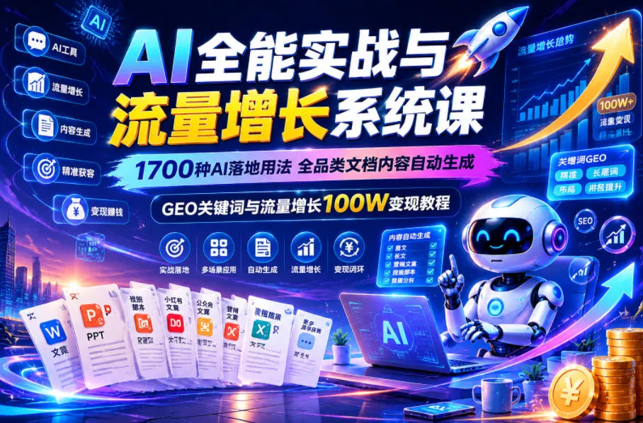 AI全能实战与流量增长系统课，1700种AI落地用法，全品类文档内容自动生成，GEO关键词与流量增长100W变现教程 - 付费阅读