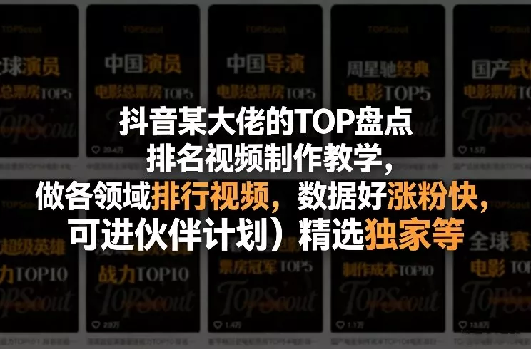 抖音某大佬的TOP盘点排名视频制作，做各领域排行视频，数据好涨粉快，可进伙伴计划＋精选独家等 - 付费阅读