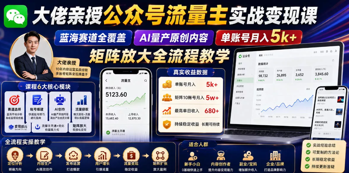 大佬亲授公众号流量主实战变现课，蓝海赛道全覆盖，AI量产原创内容，单账号月入5k+矩阵放大全流程教学 - 付费阅读