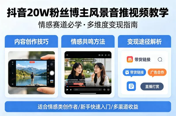 抖音20W粉丝博主风景音推视频教学，情感赛道必学，各种变现途径 - 付费阅读