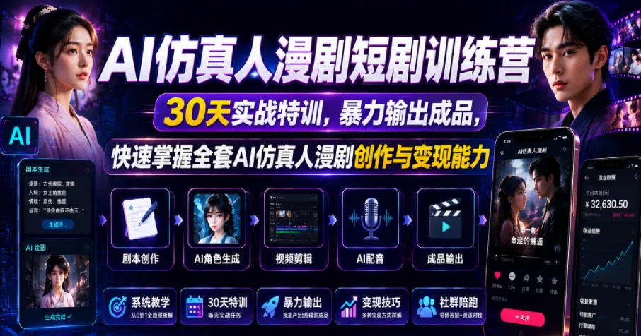 AI仿真人漫剧短剧训练营，30天实战特训，暴力输出成品，快速掌握全套AI仿真人漫剧创作与变现能力 - 付费阅读