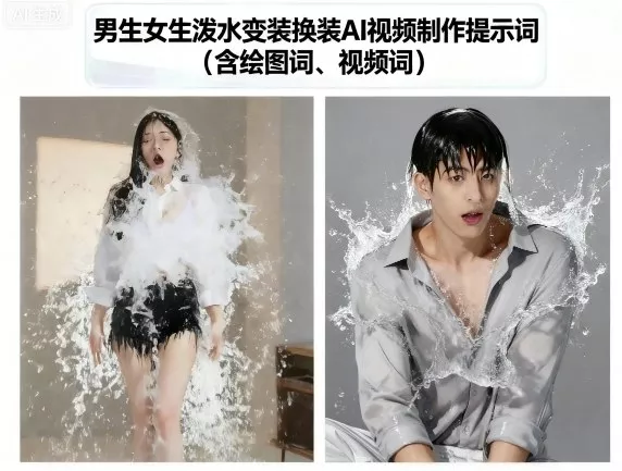 男生女生泼水变装换装AI视频制作提示词(含绘图词、视频词) - 付费阅读