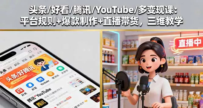 头条/好看/腾讯/YouTube/多变现课：平台规则+爆款制作+直播带货，三维教学 - 付费阅读