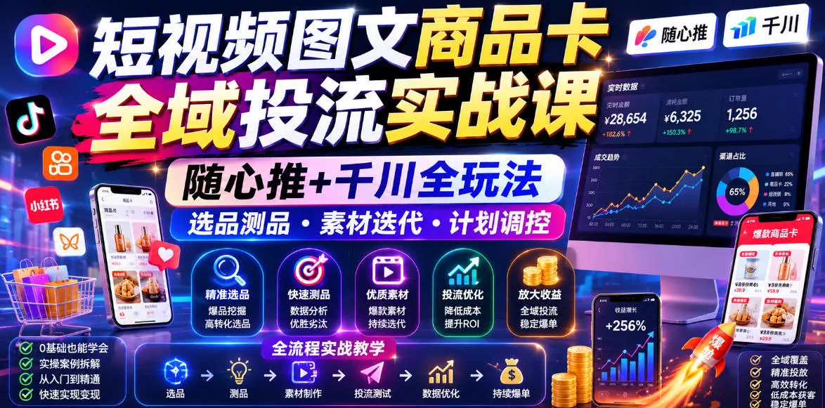 短视频图文商品卡全域投流实战课，随心推+千川全玩法，选品测品・素材迭代・计划调控，提升ROI爆单增收教程 - 付费阅读