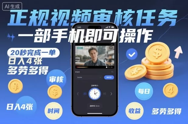正规视频审核任务，一部手机即可操作，20秒完成一单，日入4张，多劳多得【揭秘】 - 付费阅读