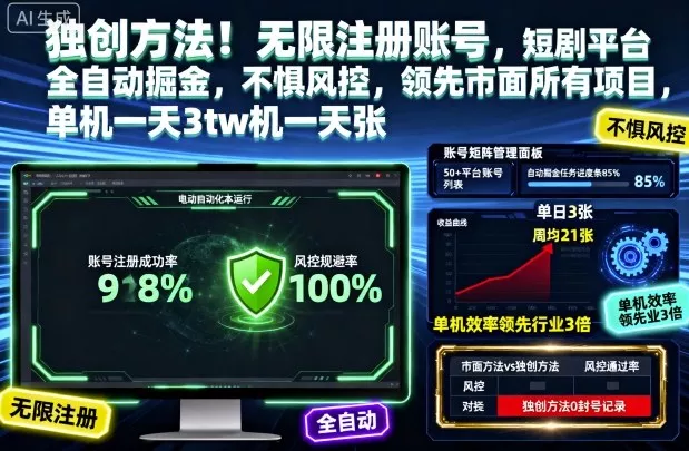 独创方法！无限注册账号，短剧平台全自动掘金，不惧风控，领先市面所有项目，单机一天3张【揭秘】 - 付费阅读