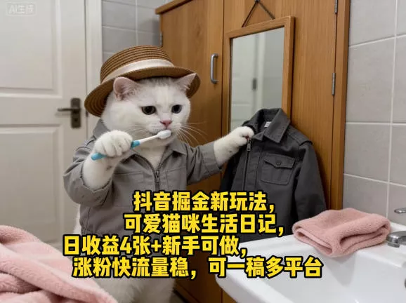 抖音掘金新玩法，可爱猫咪生活日记，日收益4张+新手可做，涨粉快流量稳，可一稿多平台 - 付费阅读