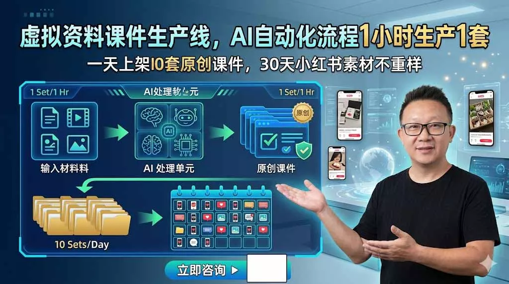 虚拟资料课件生产线，AI自动化流程1小时生产1套，一天上架10套原创课件，30天小红书素材不重样 - 付费阅读