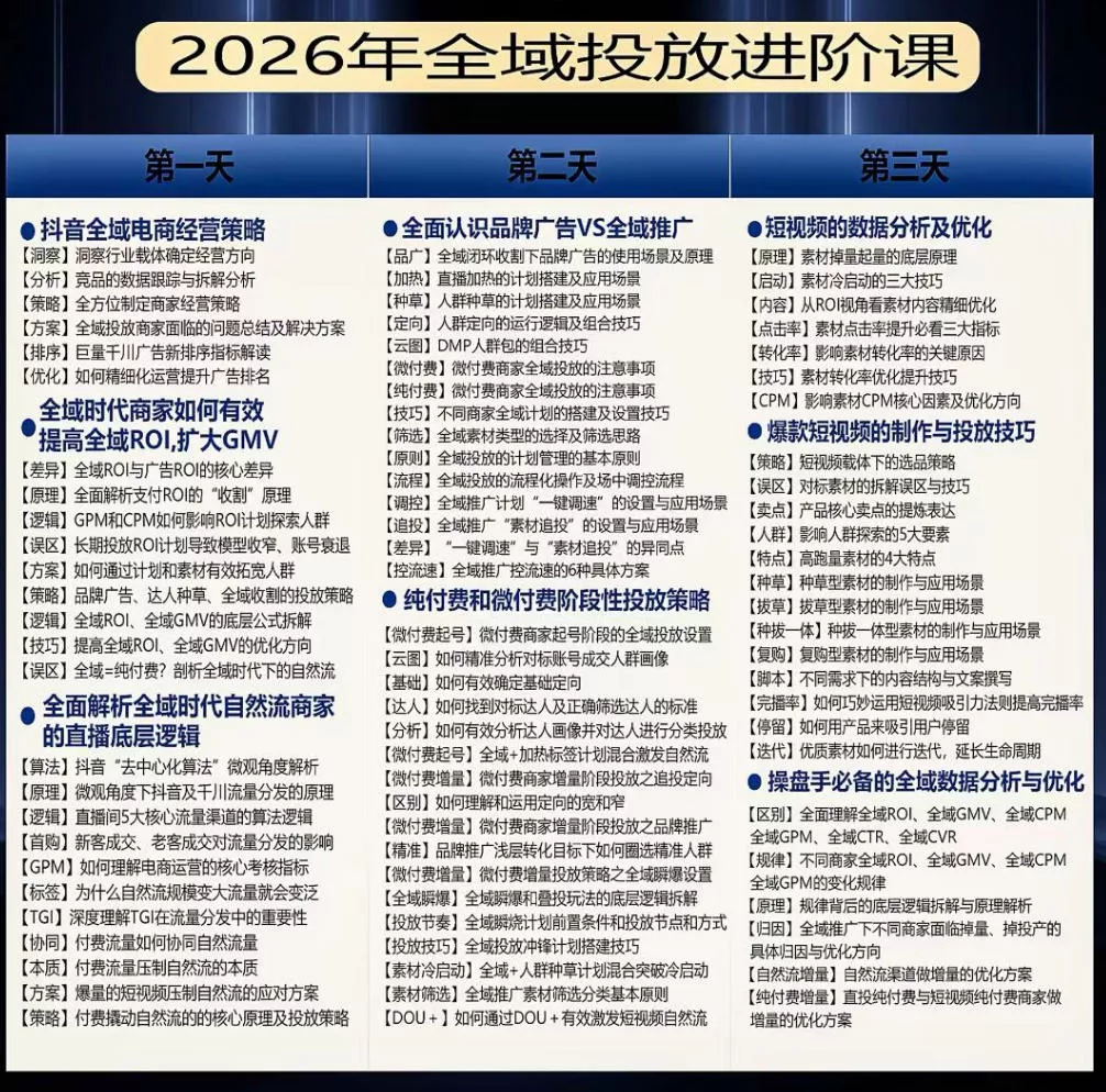 千川扫地僧2026抖音全域投放进阶课，少走弯路·快速起量·掌控增长，6月12-14号杭州线下课