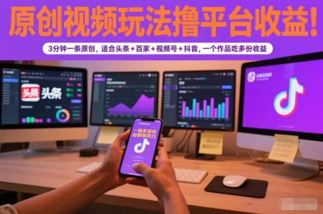 原创视频玩法撸平台收益，3分钟一条原创，适合头条+百家+视频号+抖音，一个作品吃多份收益 - 付费阅读