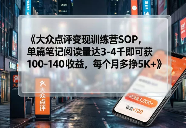 大众点评变现训练营SOP，单篇笔记阅读量达3-4千即可获100-140收益，每个月多挣5K+ - 付费阅读