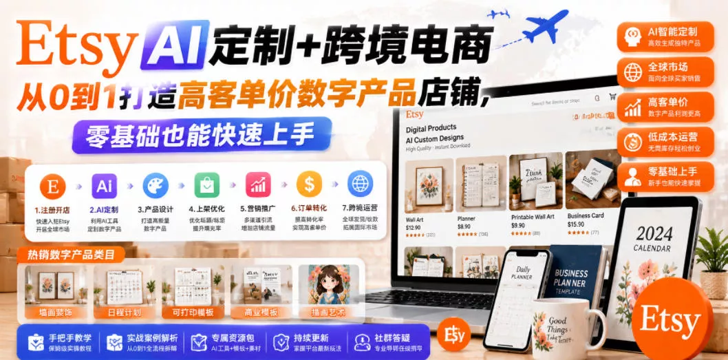 Etsy AI定制+跨境电商，从0到1打造高客单价数字产品店铺，零基础也能快速上手 - 付费阅读