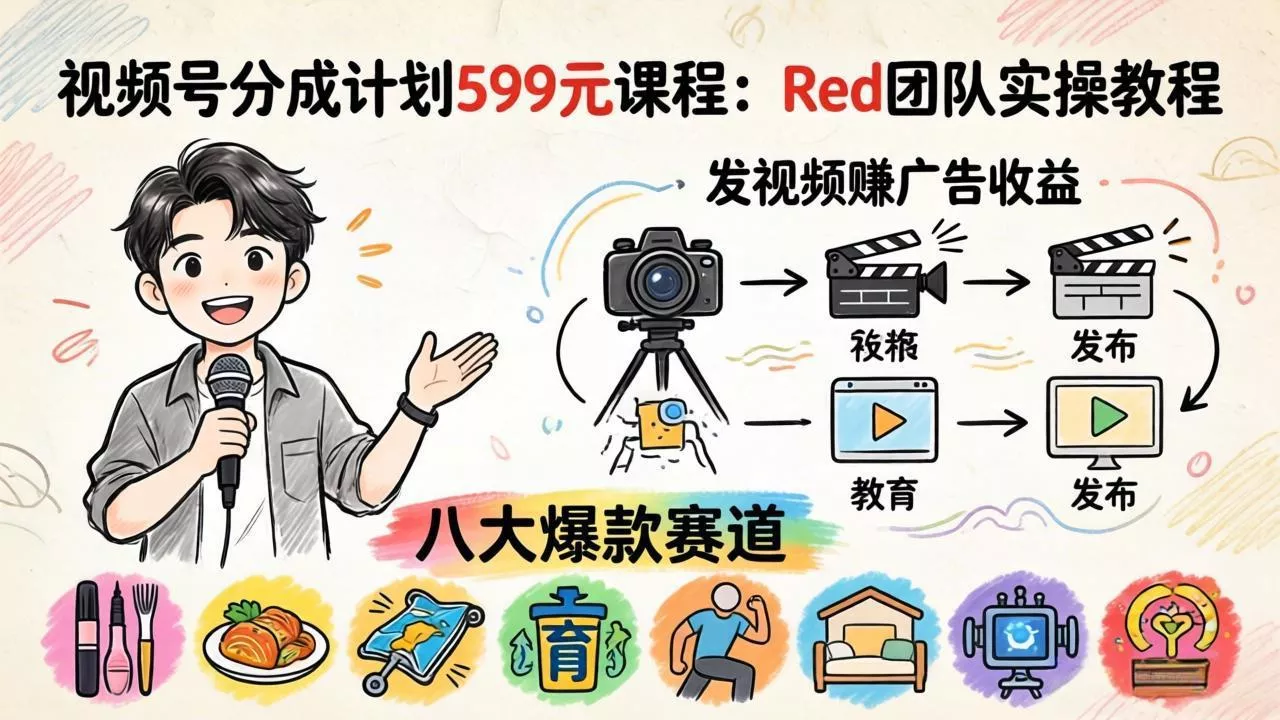 视频号分成计划599元课程：Red团队实操教程，发视频赚广告收益，八大爆款赛道全掌握 - 付费阅读