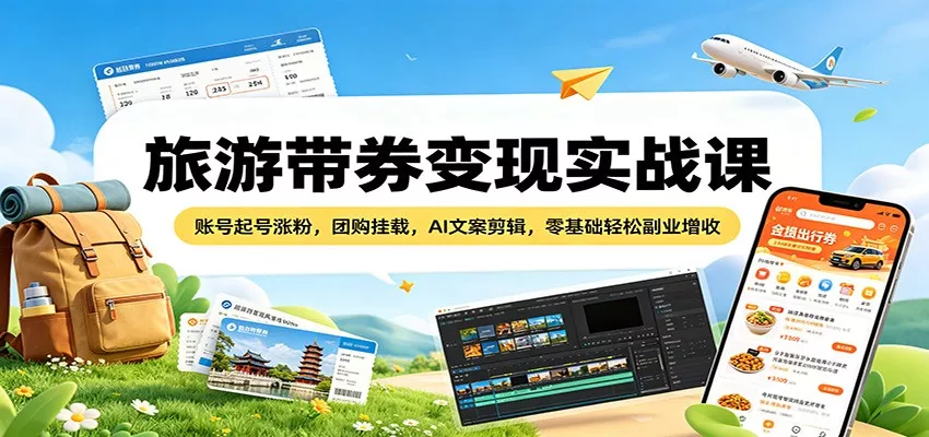 旅游带券变现实战课：账号起号涨粉，团购挂载，AI文案剪辑，零基础轻松副业增收 - 付费阅读