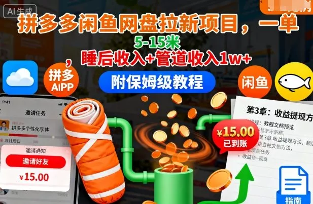 拼多多闲鱼网盘拉新项目，一单5-15米，睡后收入+管道收入1w+(附保姆级教程) - 付费阅读