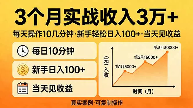 3个月实战收入3万+，每天操作10几分钟，新手轻松日入100+，当天见收益 - 付费阅读