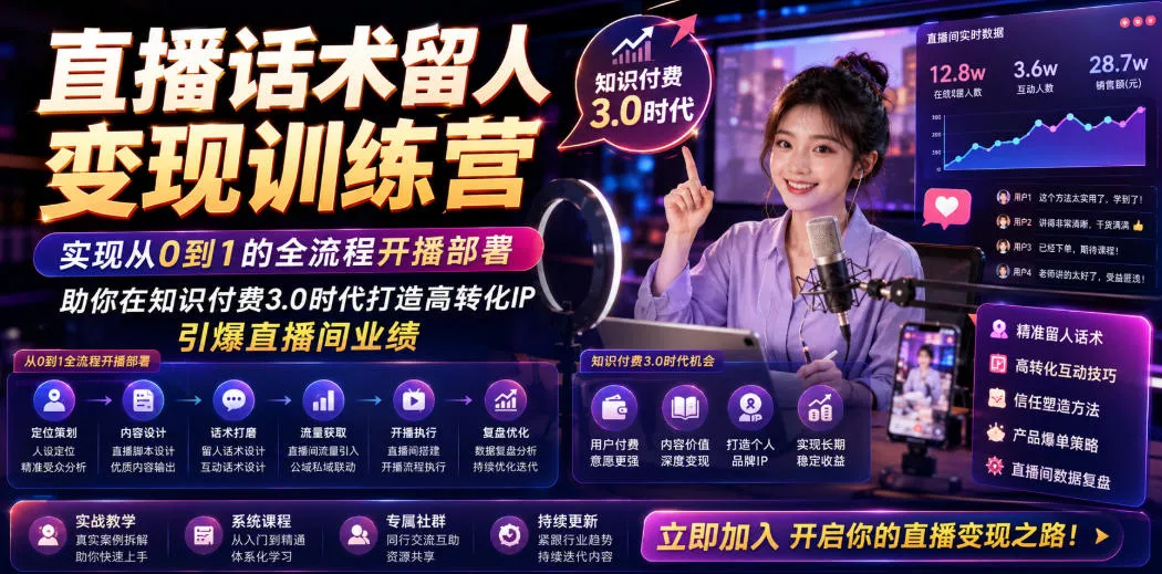 直播话术留人变现训练营，实现从0到1的全流程开播部署，助你在知识付费3.0时代打造高转化IP，引爆直播间业绩 - 付费阅读