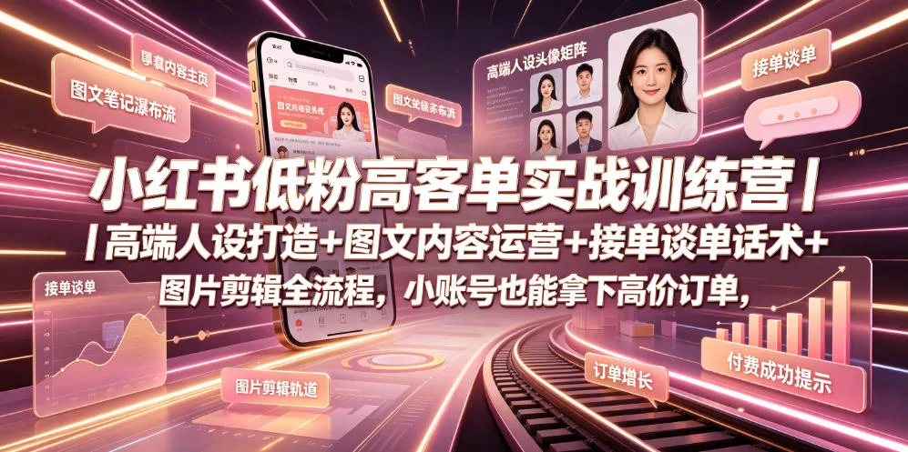 小红书低粉高客单实战训练营｜高端人设打造+图文内容运营+接单谈单话术+图片剪辑全流程，小账号也能拿下高价订单 - 付费阅读