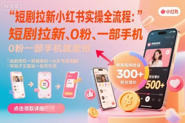 短剧拉新小红书实操全流程，0粉一部手机就可以做，详细教程 - 付费阅读