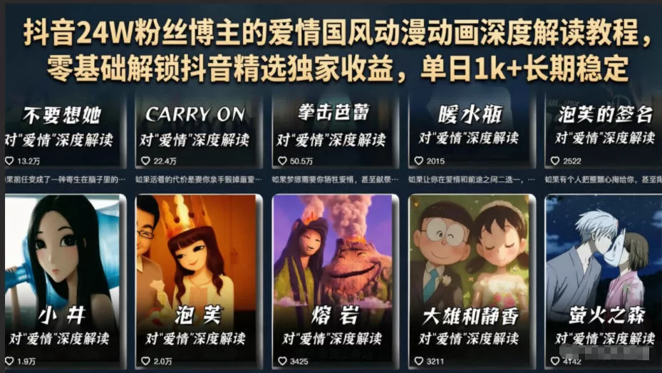抖音24W粉丝博主的爱情国风动漫动画深度解读教程，零基础解锁抖音精选独家收益，单日1k+长期稳定 - 付费阅读