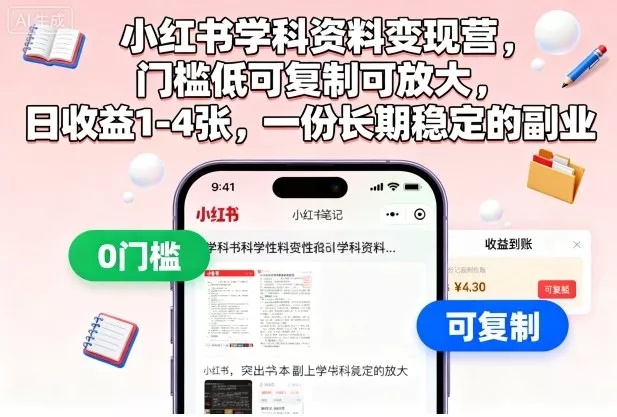 小红书学科资料变现营，门槛低可复制可放大，日收益1-4张，一份长期稳定的副业 - 付费阅读