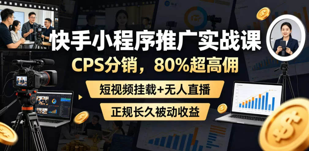 快手小程序推广实战课，CPS分销，80%超高佣，短视频挂载+无人直播，正规长久被动收益 - 付费阅读