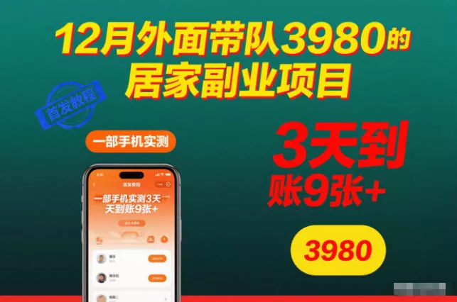 12月外面带队3980的居家副业项目，一部手机实测3天到账9张+，首发教程【揭秘】 - 付费阅读