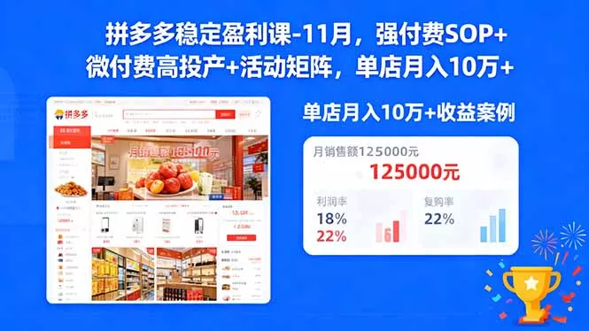 拼多多稳定盈利课-11月，强付费SOP+微付费高投产+活动矩阵，单店月入10万+ - 付费阅读