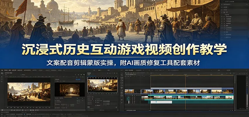 沉浸式历史互动游戏视频创作教学：文案配音剪辑蒙版实操，附AI画质修复工具配套素材 - 付费阅读