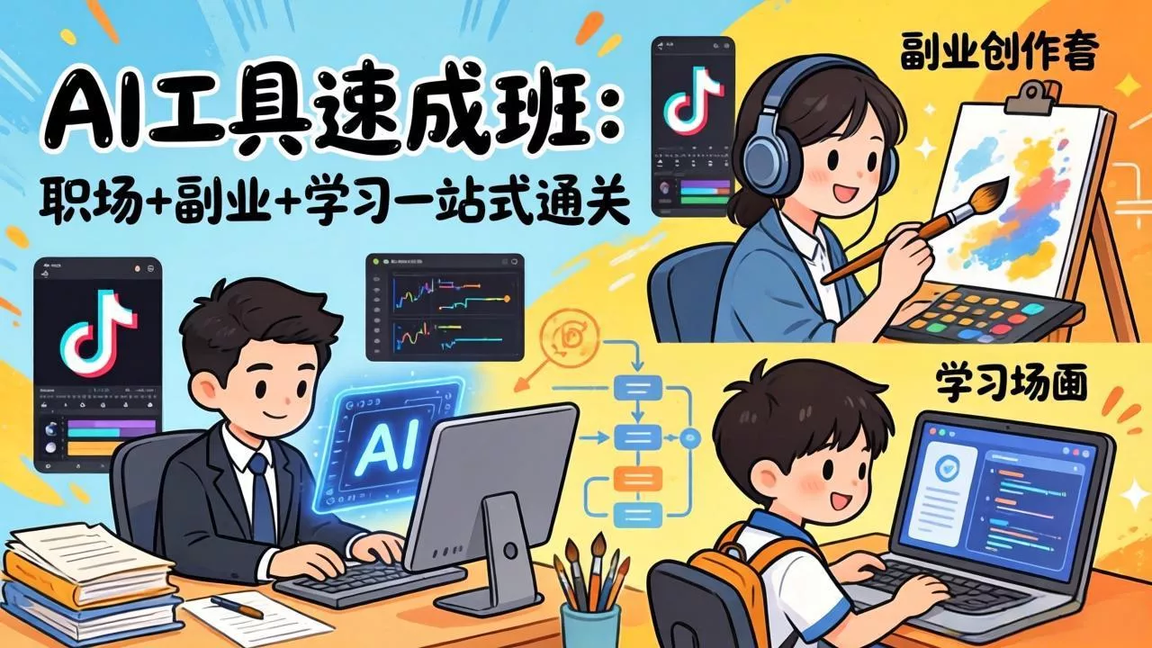 AI工具速成班：职场+副业+学习一站式通关，20+爆款类型+剪映技巧+抖音算法，0基础快速上手 - 付费阅读