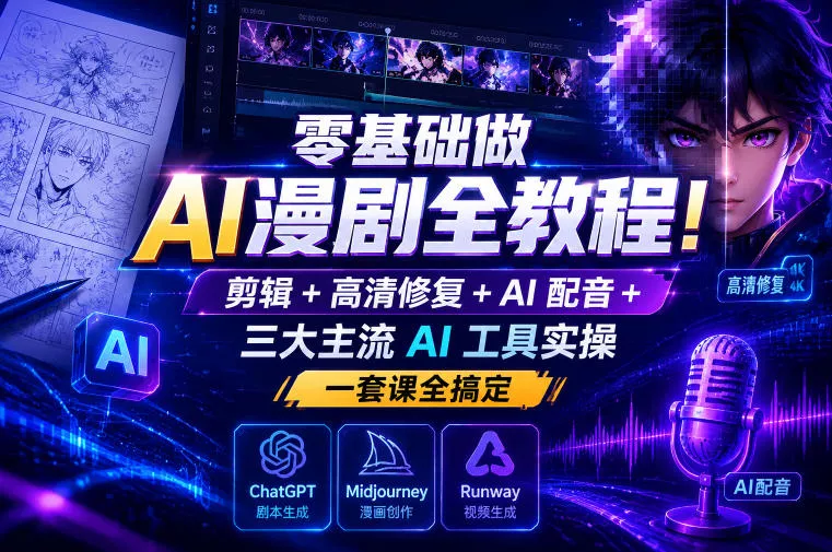 零基础做AI漫剧全教程！剪辑+高清修复+AI配音+三大主流AI工具实操，一套课全搞定 - 付费阅读