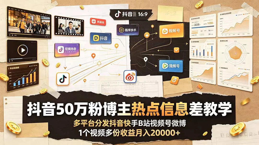 抖音50万粉博主热点信息差教学：多平台分发抖音快手B站视频号微博，1个视频多份收益月入20000+ - 付费阅读