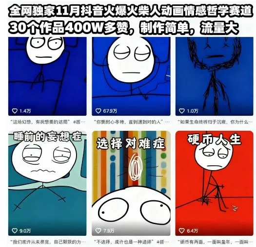 全网独家11月抖音火爆火柴人动画情感哲学赛道，30个作品400W多赞，制作简单，流量大【教学+素材】 - 付费阅读