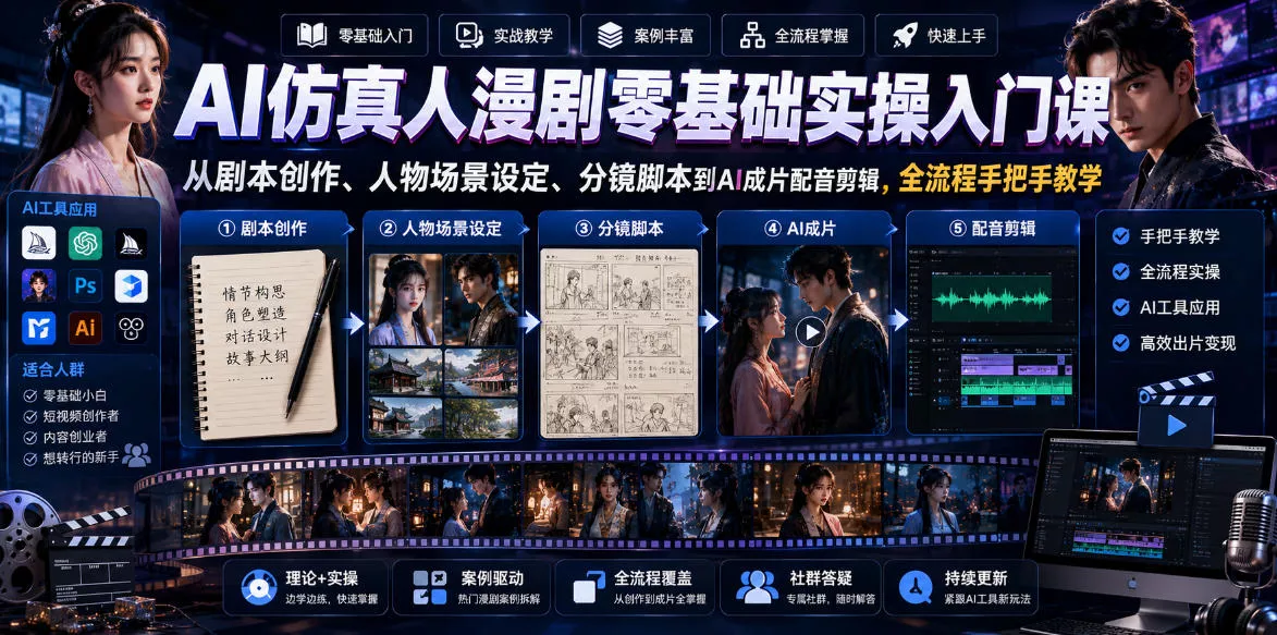 AI仿真人漫剧零基础实操入门课，从剧本创作、人物场景设定、分镜脚本到AI成片配音剪辑，全流程手把手教学 - 付费阅读