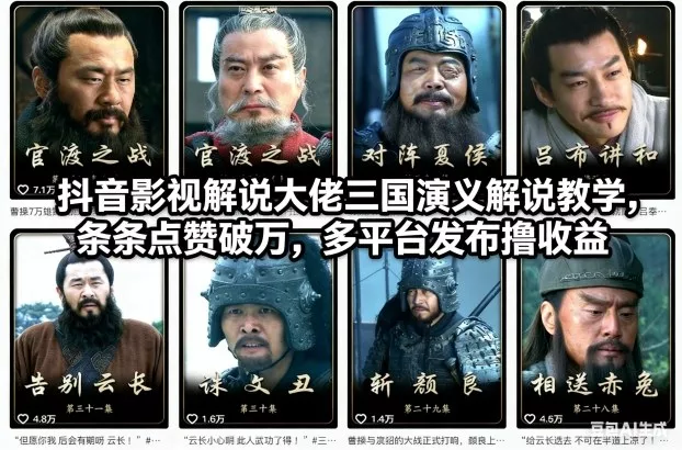 抖音影视解说大佬三国演义解说教学，条条点赞破万，多平台发布撸收益 - 付费阅读