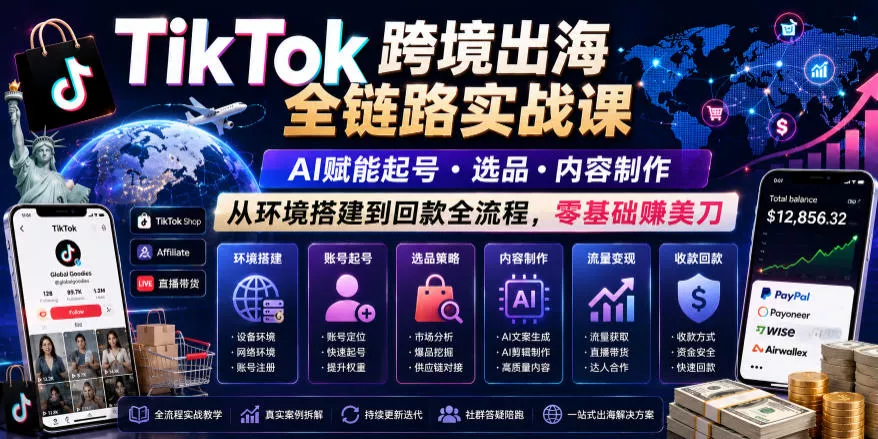 TikTok跨境出海全链路实战课，AI赋能起号・选品・内容制作，从环境搭建到回款全流程，零基础賺美刀 - 付费阅读