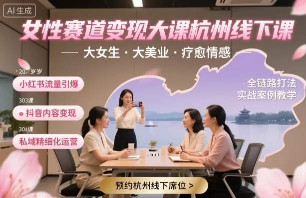 女性赛道变现大课杭州线下，大女生，大美业，疗愈情感，一套小红书、抖音、私域全链路打法 - 付费阅读