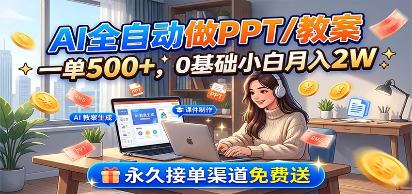 AI全自动做PPT/教案，一单500+，0基础小白月入2W，永久接单渠道免费送 - 付费阅读