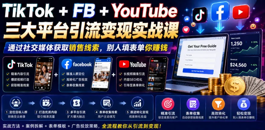TikTok+FB+YouTube三大平台引流变现实战课，通过社交媒体获取销售线索，别人填表单你賺钱【原创双语字幕】 - 付费阅读