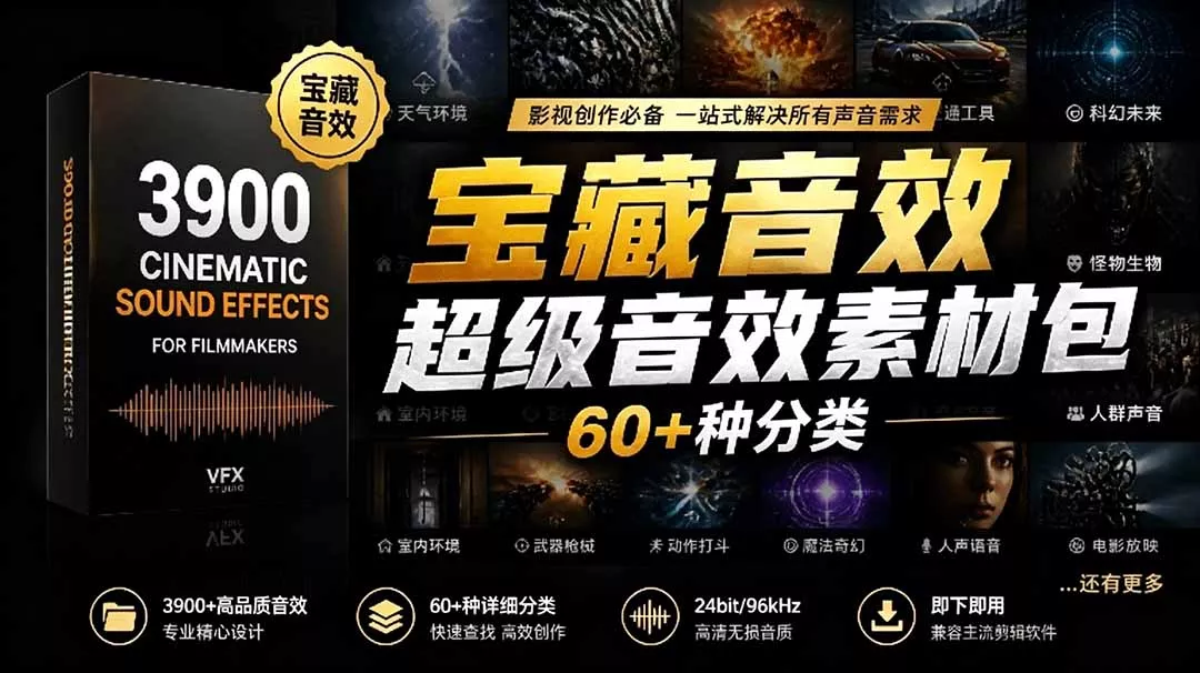 宝藏音效合集包！60+多种音效分类，共计3900个，分类清晰，全中文分类，高品质剪辑音效素材包 - 付费阅读