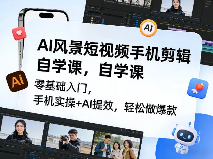 AI风景短视频手机剪辑自学课，零基础入门，手机实操+AI提效，轻松做爆款 - 付费阅读